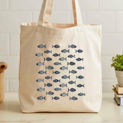 Blue fish pattern print, natural canvas cotton tote bag