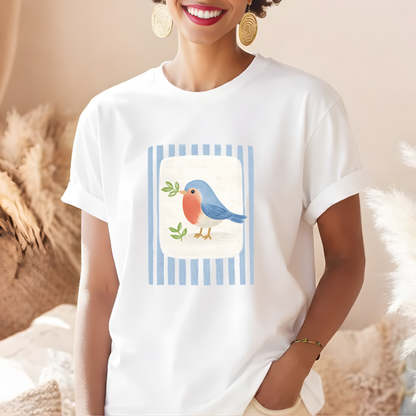 Blue robin bird illustration t-shirt white Comfort Colors 1717