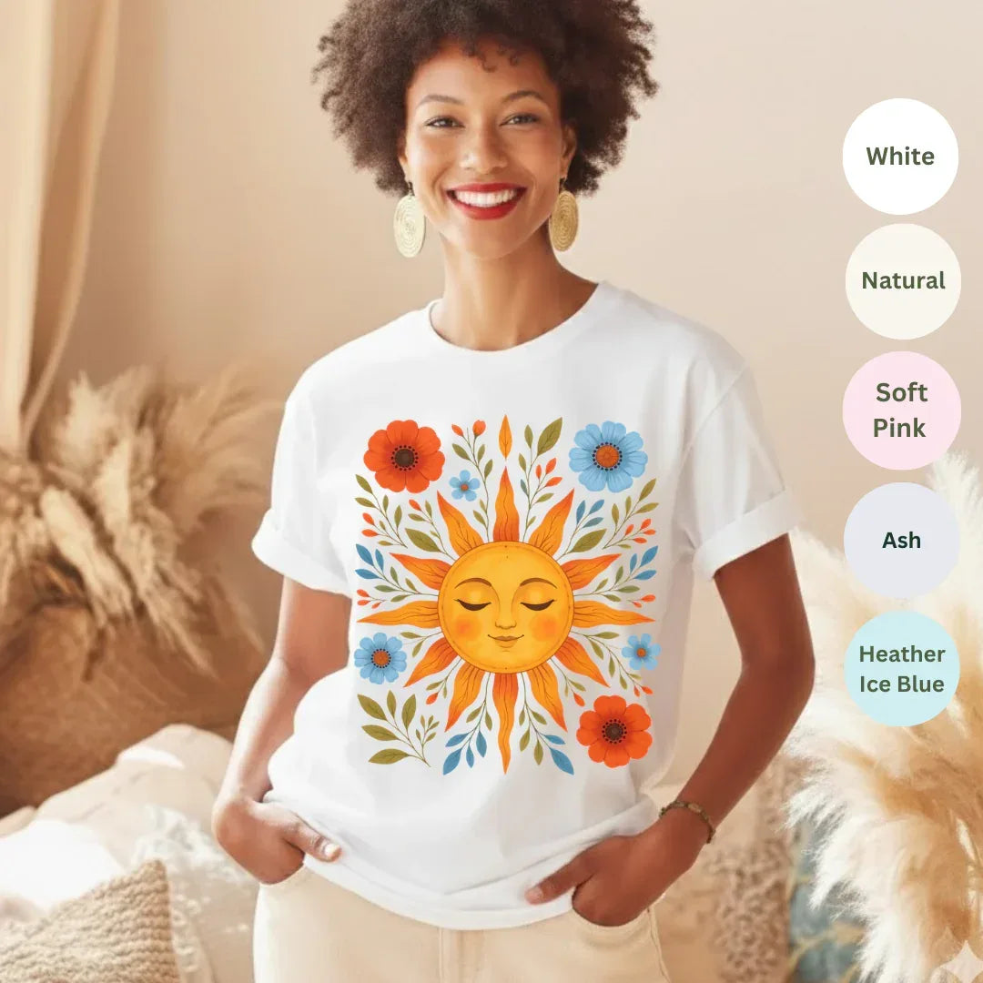 Boho Sun Graphic T-Shirt — color options White, Natural, Soft Pink, Ash, Heather Ice Blue — Bella+Canvas 3001