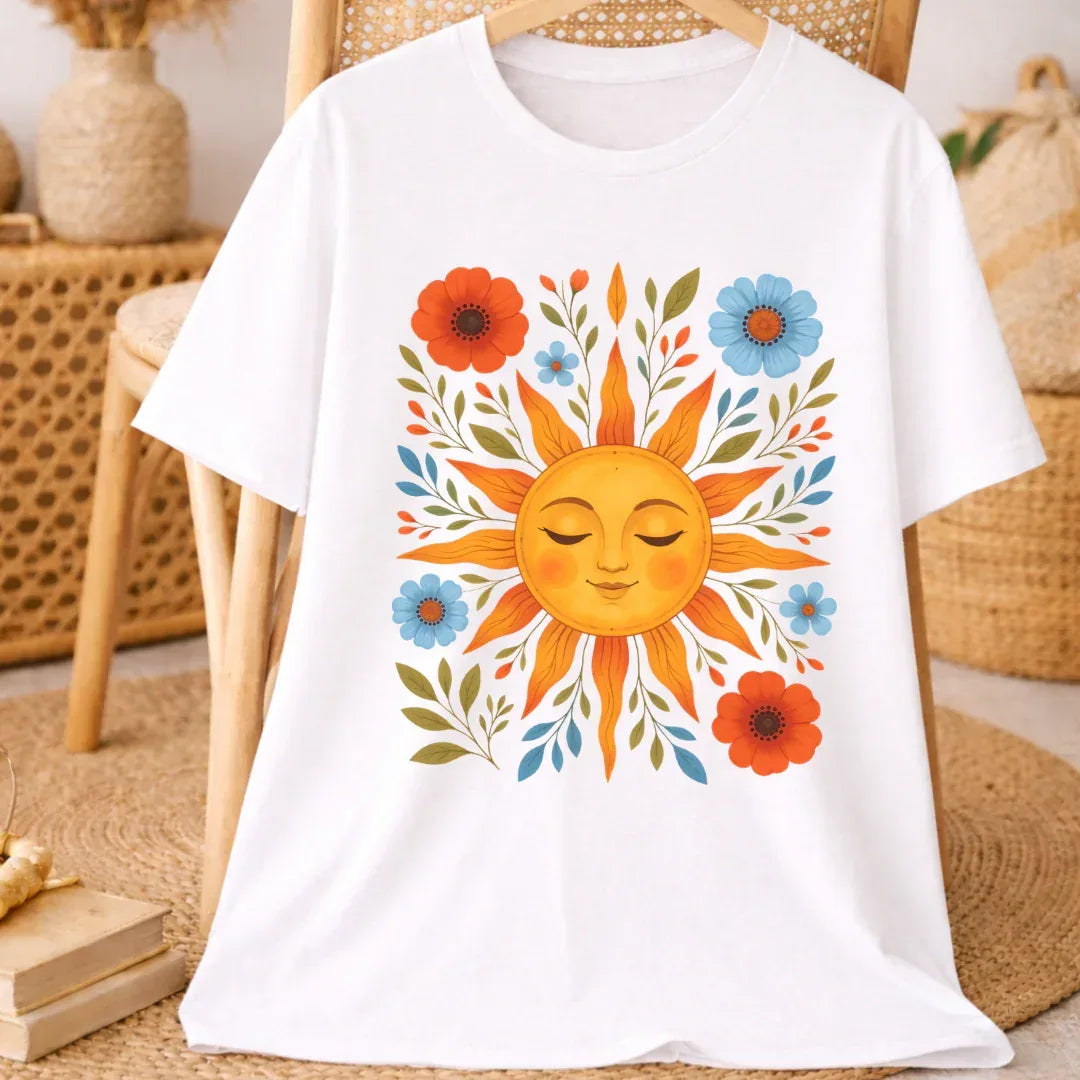 Boho Sun Graphic T-Shirt in White — boho sun and botanical folk art print