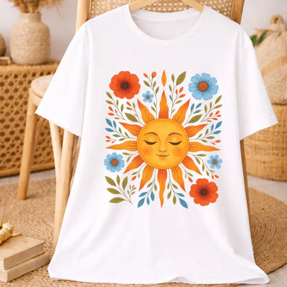 Boho Sun Graphic T-Shirt in White — boho sun and botanical folk art print