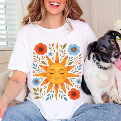 Boho Sun Graphic T-Shirt in white— summer sun folk art print by The Folk Brush