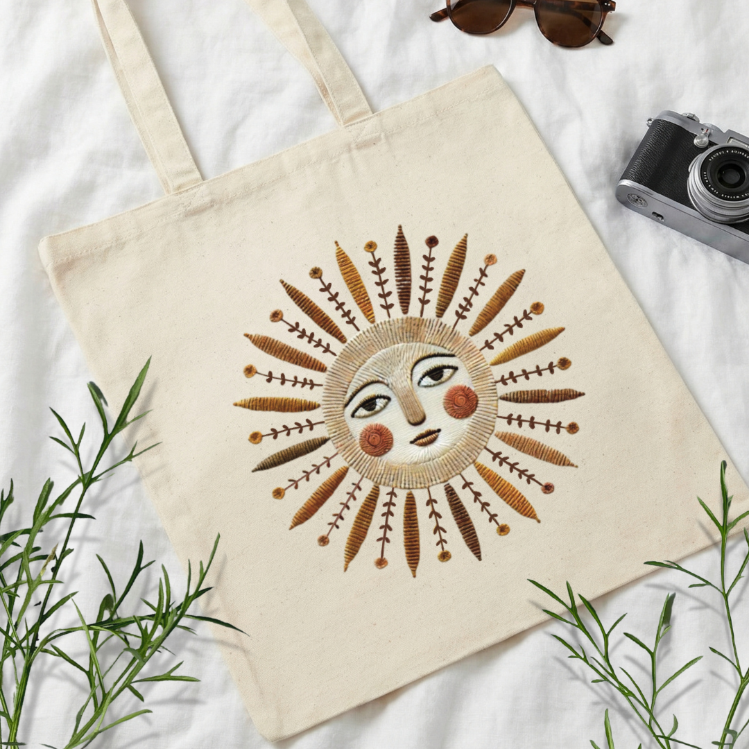 Boho sun folk art faux embroidery canvas tote bag natural