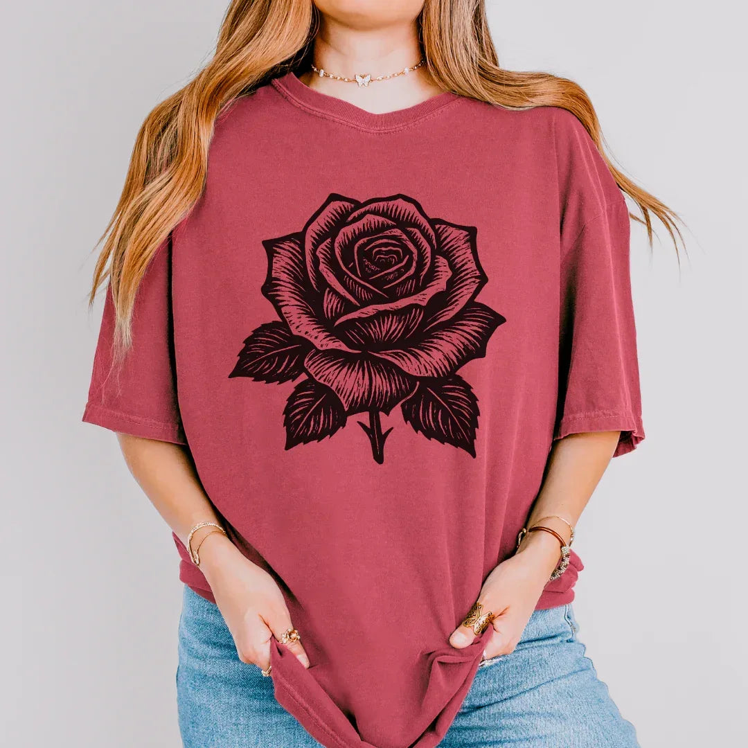 Bold black rose graphic t-shirt in crimson — vintage botanical tee for women