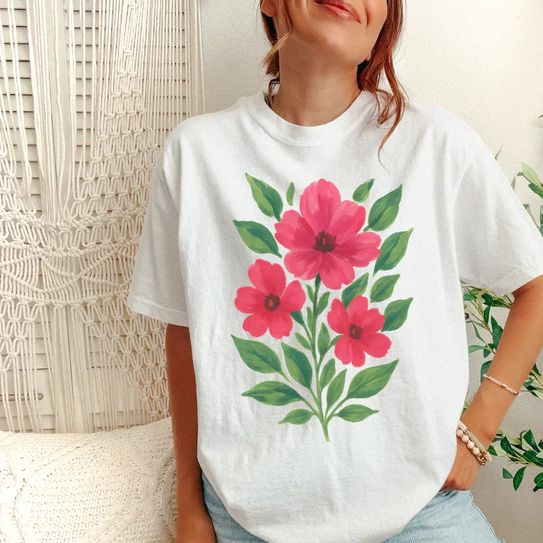 Bold pink blooms folk art tee in white — Comfort Colors bright floral graphic shirt for women