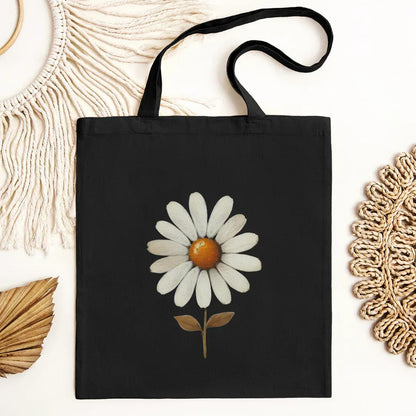 Bold vintage daisy print on black canvas tote — folk art daisy everyday market bag