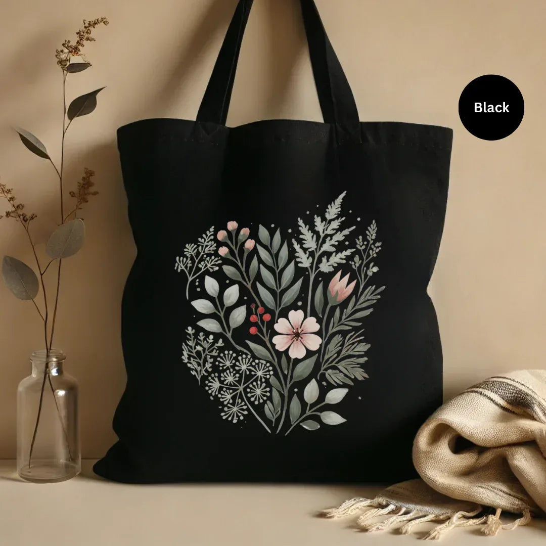 Botanical Vintage Bloom Black Tote Bag — folk art botanical bouquet print in muted greens and blush on black canvas