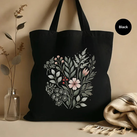 Botanical Vintage Bloom Black Tote Bag — folk art botanical bouquet print in muted greens and blush on black canvas
