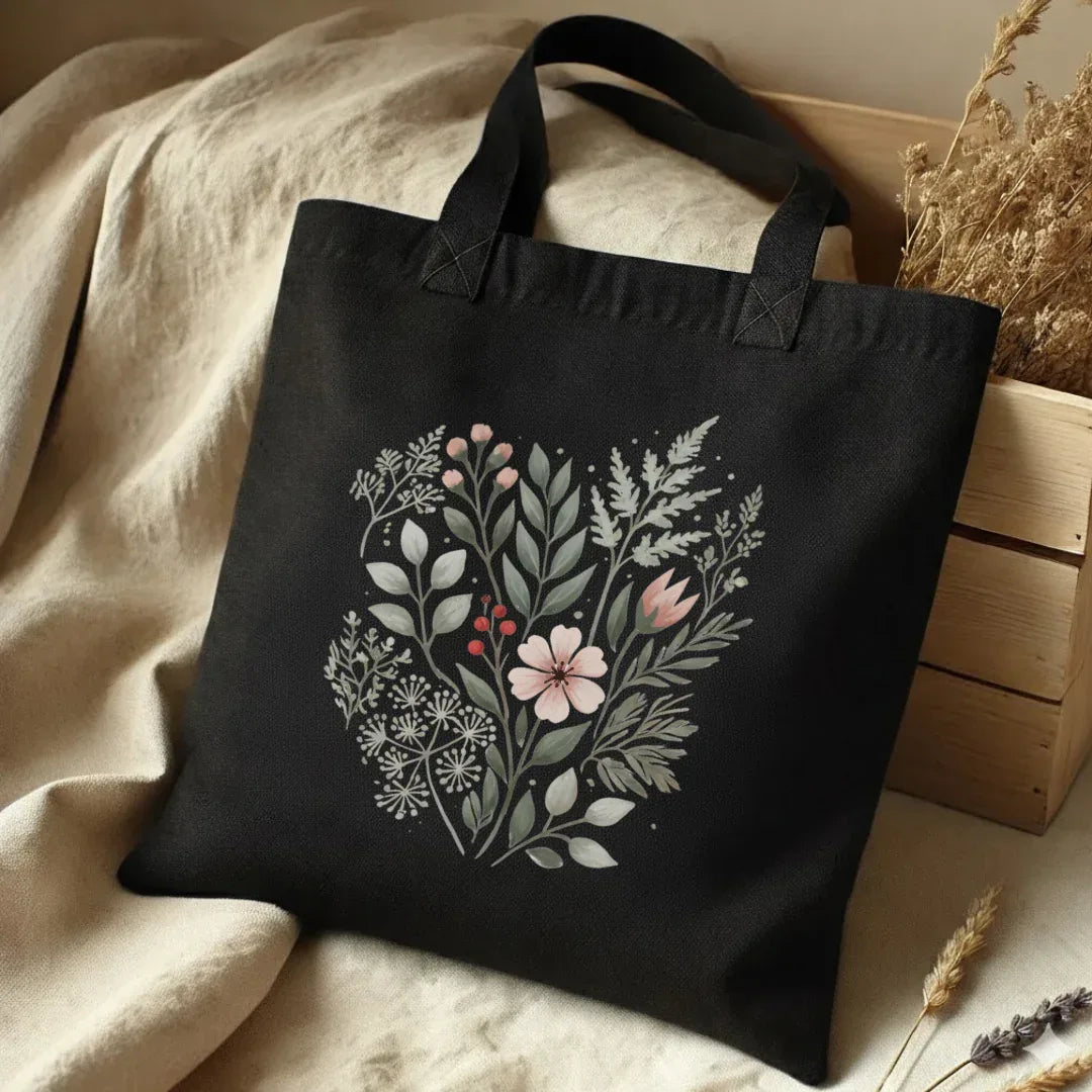 Botanical Vintage Bloom Black Tote Bag — folk garden floral tote in black heavy cotton canvas