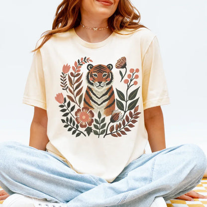 Botanical tiger folk art t-shirt in natural — Bella+Canvas 3001 vintage graphic tee for women