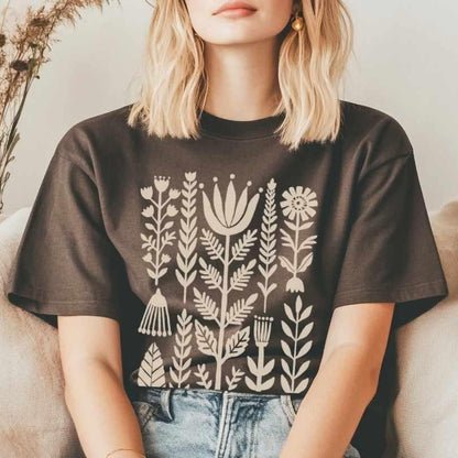 Brown Bella+Canvas 3001 t-shirt with scandi botanical silhouette print