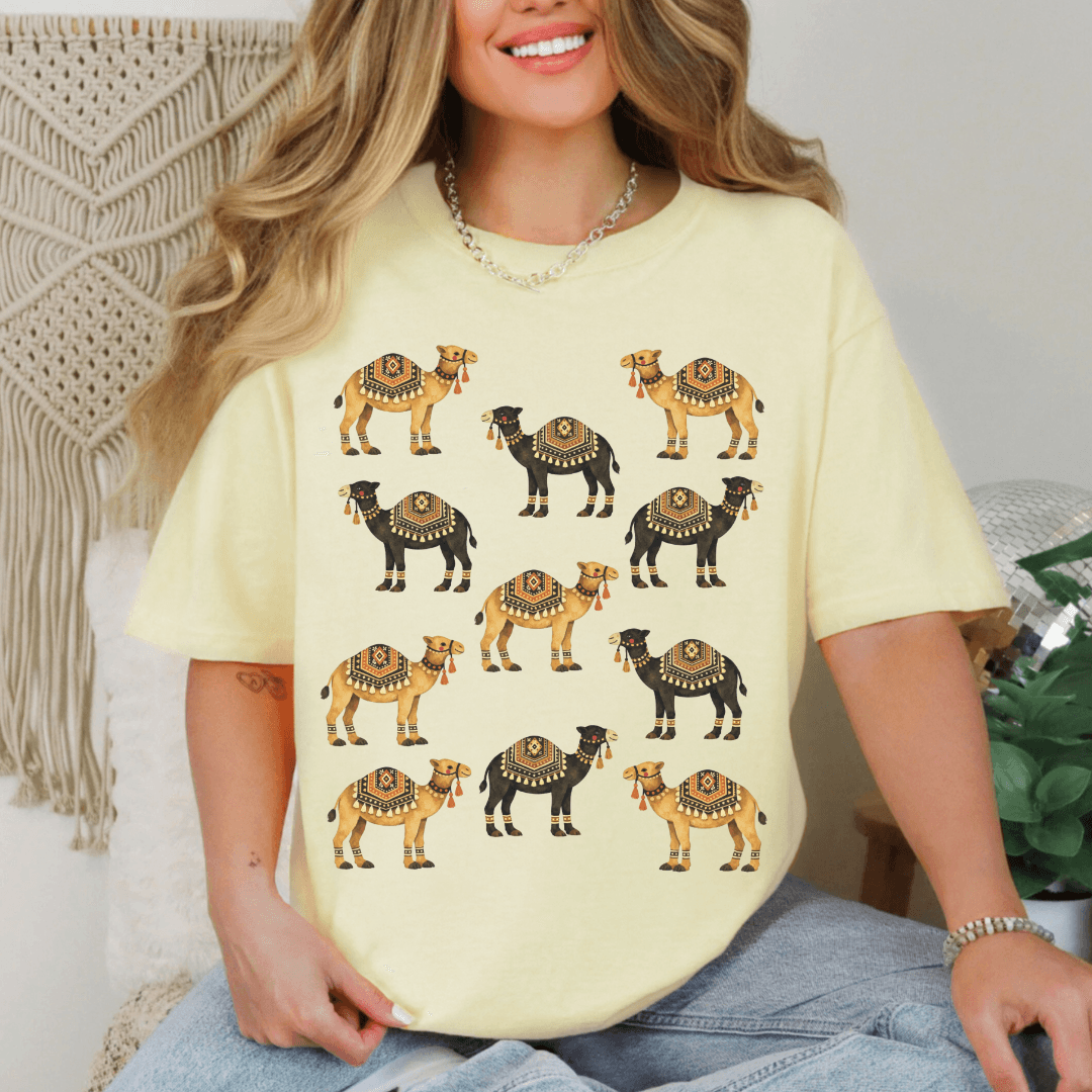 Butter yellow Comfort Colors 1717 tee with retro camel pattern in earthy colors