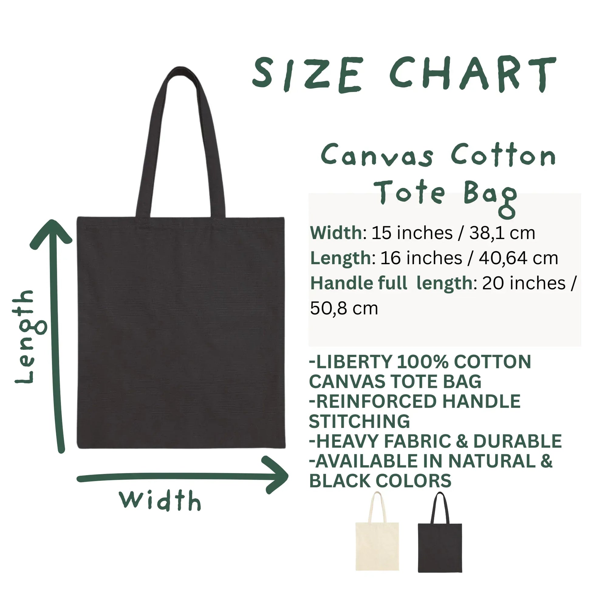 Canvas Cotton Tote Bag size chart with dimensions and features 