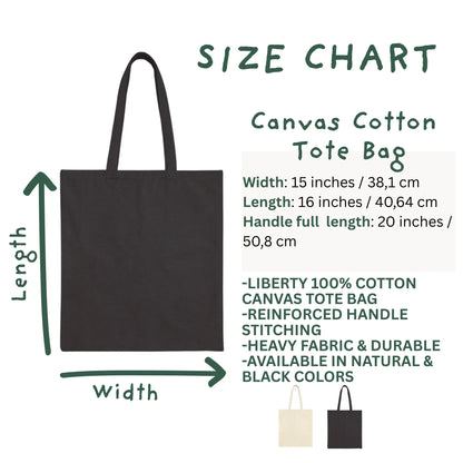 Canvas Cotton Tote Bag size chart with dimensions and features 