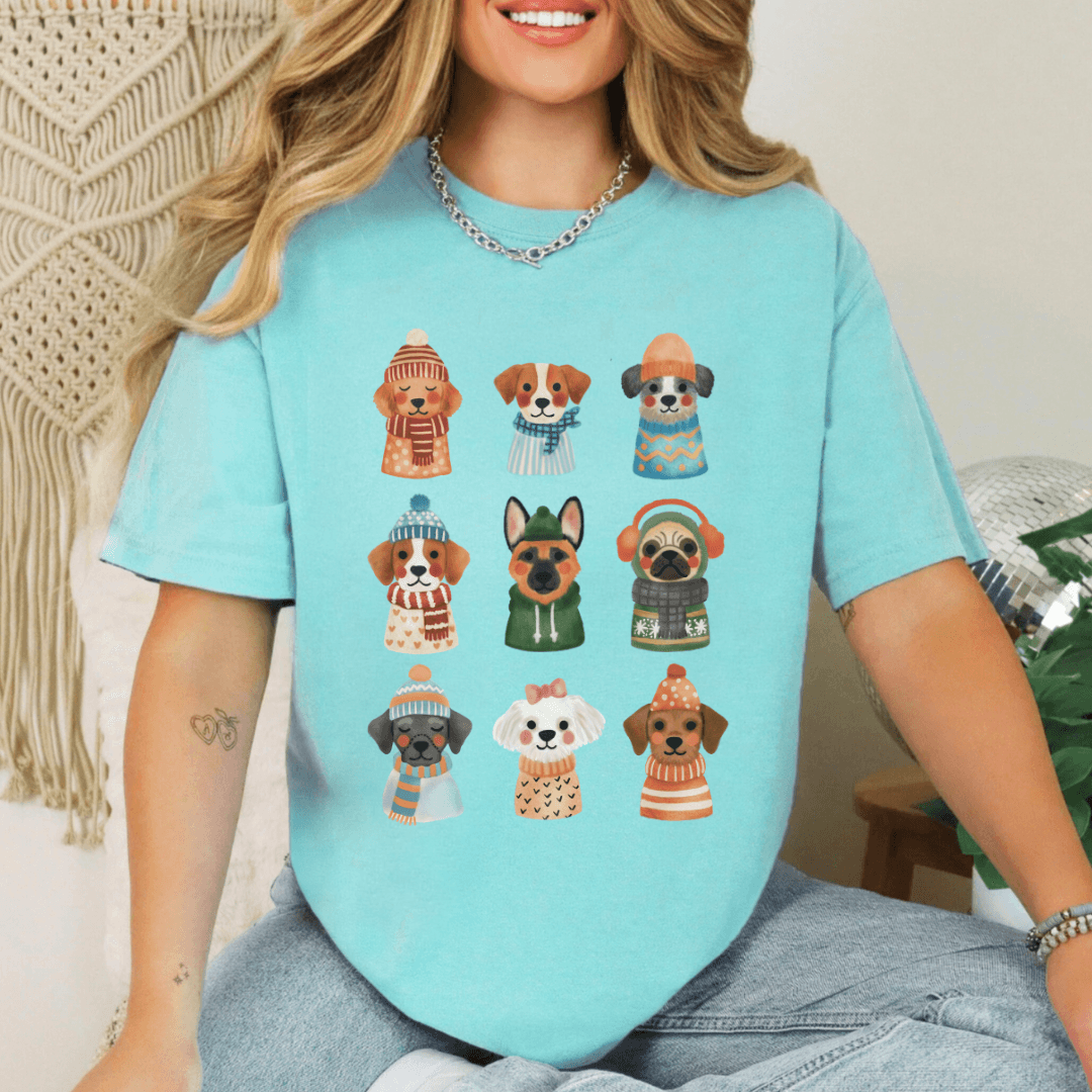Chalky mint Comfort Colors 1717 t-shirt with cozy dogs in knitwear illustration