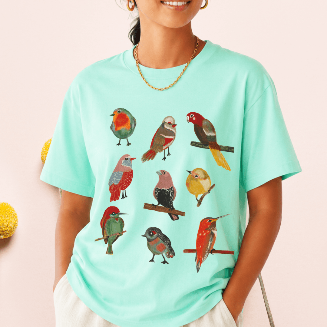 Colorful birds print t-shirt heather mint Bella+Canvas 3001 cotton tee
