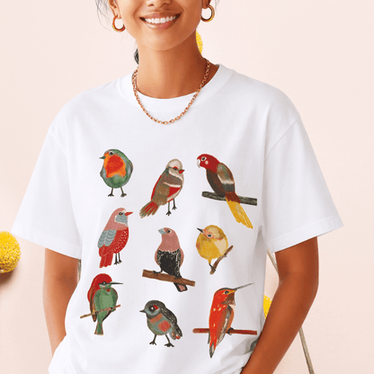 Colorful birds print t-shirt white Bella+Canvas 3001 cotton tee