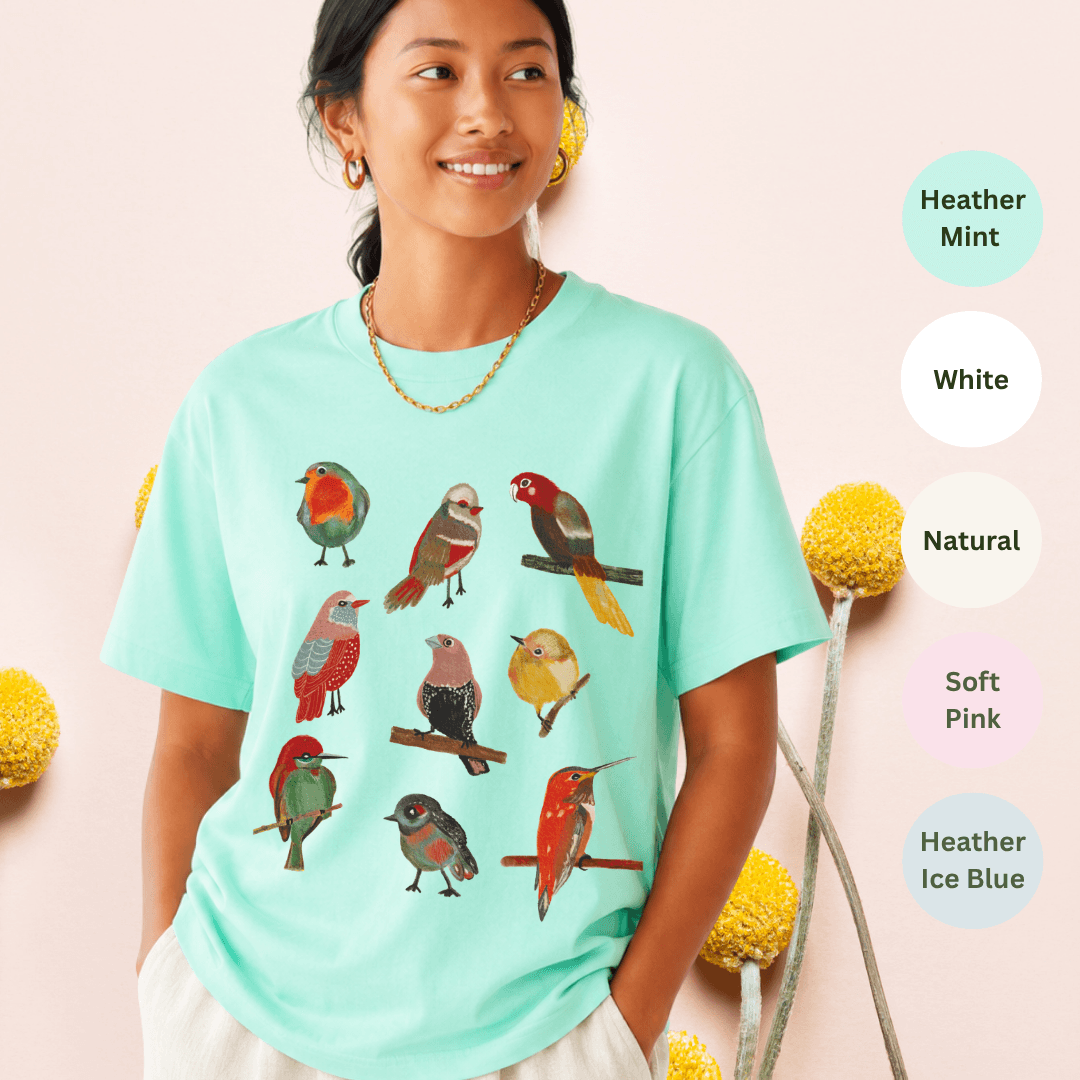 Colorful folk birds t-shirt heather mint Bella+Canvas 3001