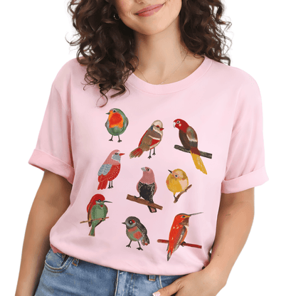 Colorful folk birds t-shirt soft pink Bella+Canvas 3001