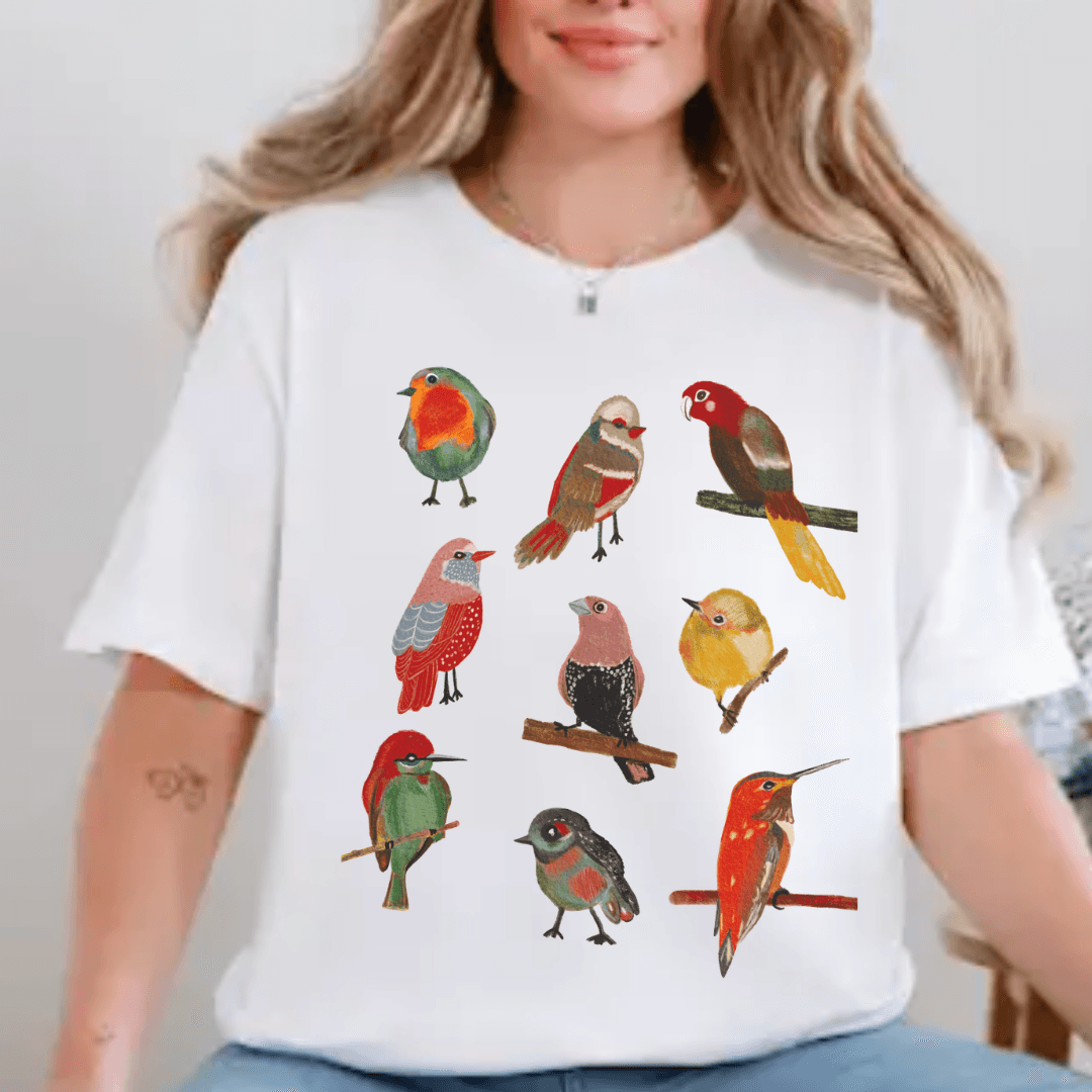 Colorful folk birds t-shirt white Bella+Canvas 3001
