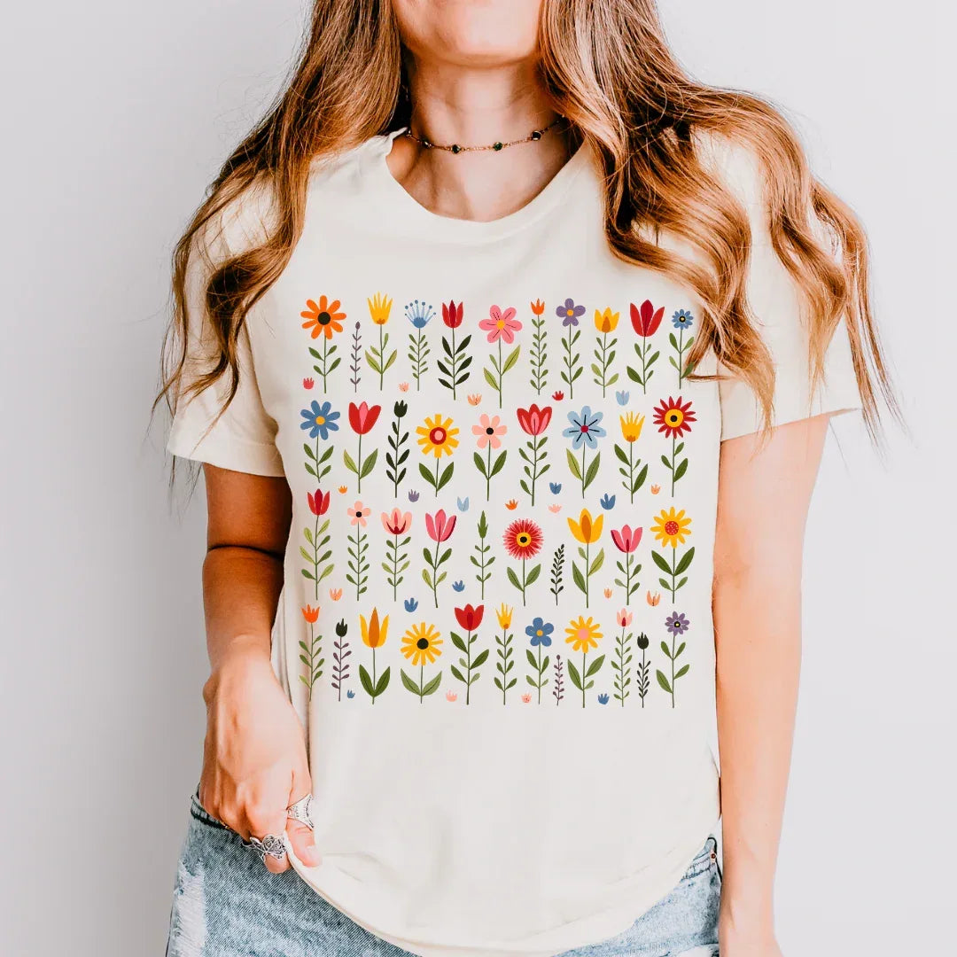 Colorful folk garden pattern tee in natural — vintage floral grid shirt styled with cardigan