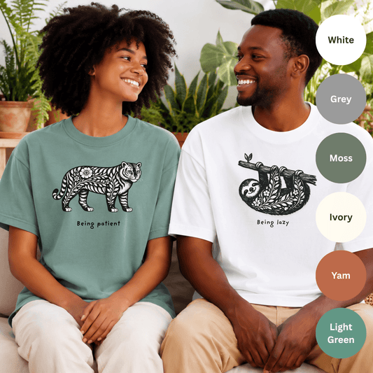 Couple wearing matching Being Lazy sloth and Being Patient tiger Comfort Colors 1717 tees in  light green and white