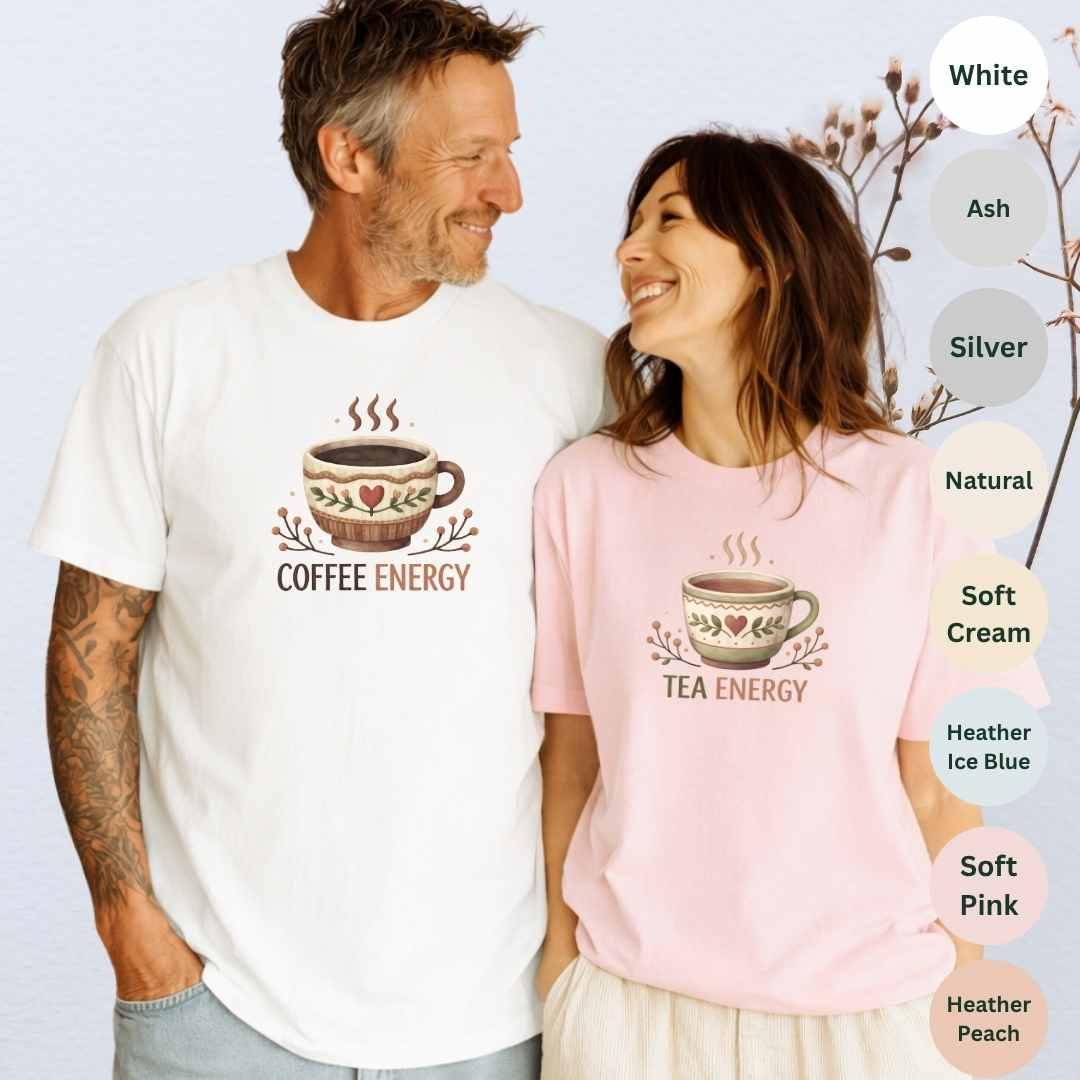 Couple wearing matching Coffee Energy and Tea Energy t-shirts in white and soft pink Bella+Canvas 3001