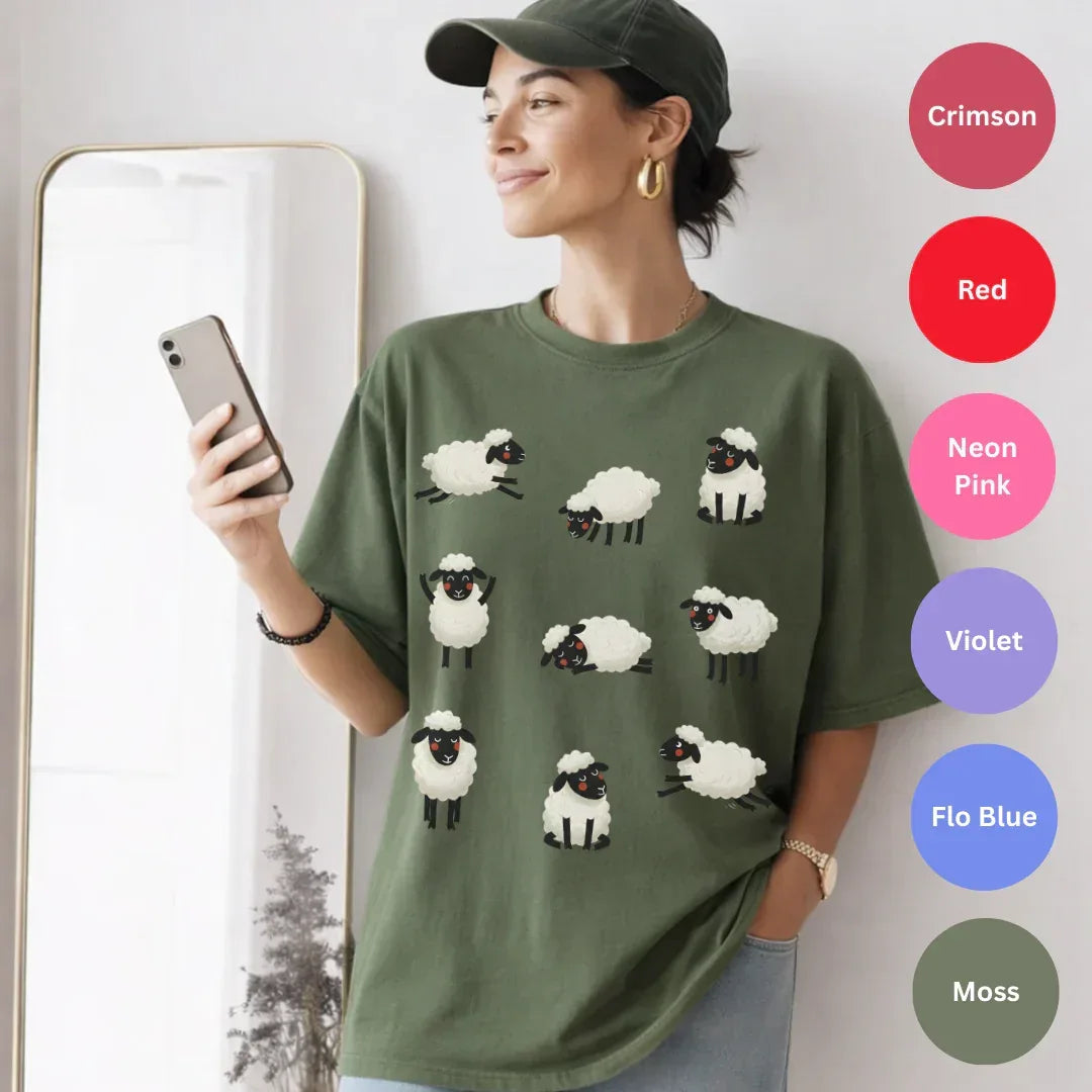 Cozy Sheep Cotton T-Shirt — color options Crimson, Red, Neon Pink, Violet, Flo Blue, Moss — Comfort Colors 1717