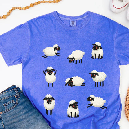 Cozy Sheep Cotton T-Shirt in Flo Blue — folk art sheep tee by The Folk Brush