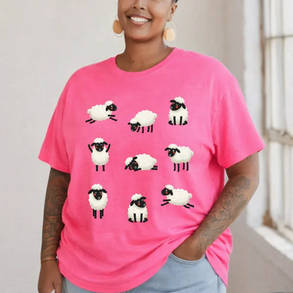 Cozy Sheep Cotton T-Shirt in Neon Pink — playful sheep folk art print detail