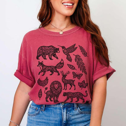 Crimson Comfort Colors 1717 tee with woodland animals graphic in black silhouettes