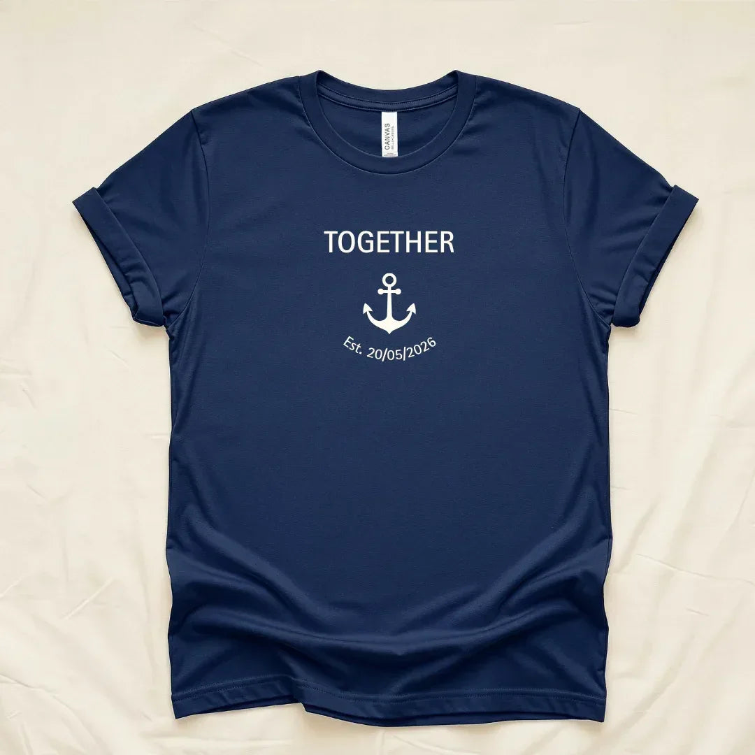 Custom Better Together Couple T-Shirt in Heather Navy — Better Together anchor print tee