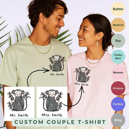 Custom Couple Matching Monkey T-Shirt — color options Butter, Mustard, Bay, Chalky Mint, Blossom, Crimson, Flo Blue, Grey — Comfort Colors 1717