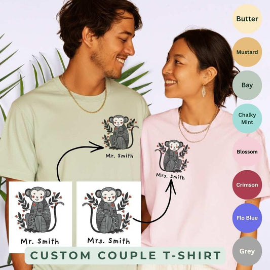 Custom Couple Matching Monkey T-Shirt — color options Butter, Mustard, Bay, Chalky Mint, Blossom, Crimson, Flo Blue, Grey — Comfort Colors 1717