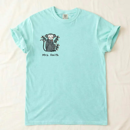 Custom Couple Matching Monkey T-Shirt in Chalky Mint — custom name monkey folk art tee