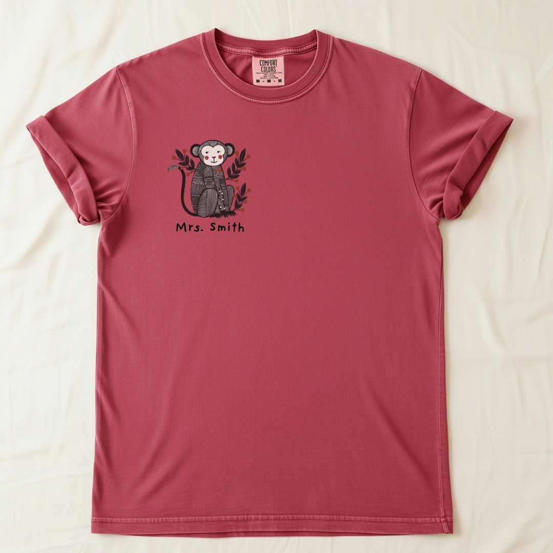 Custom Couple Matching Monkey T-Shirt in Crimson — folk art monkey custom t-shirt