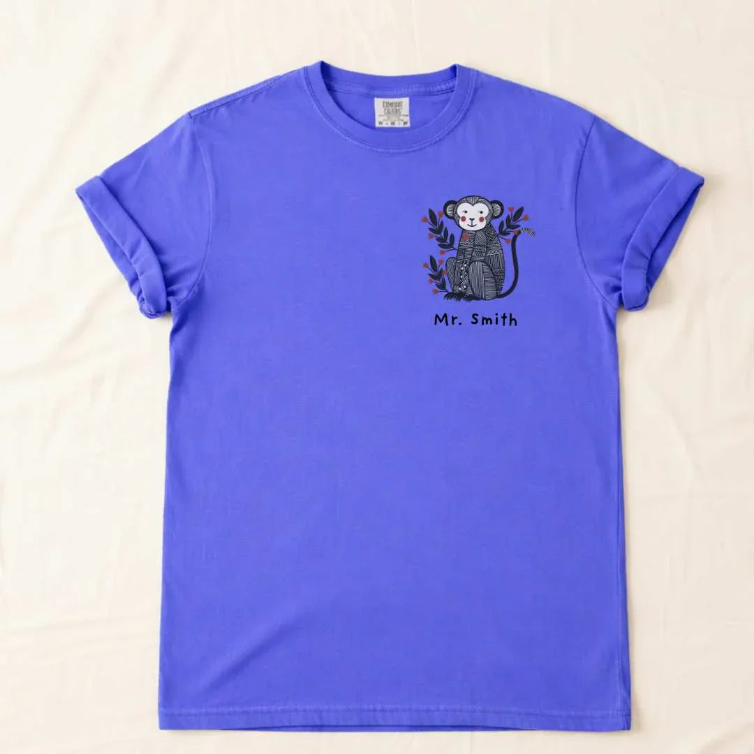 Custom Couple Matching Monkey T-Shirt in Flo Blue — personalized monkey couple tee
