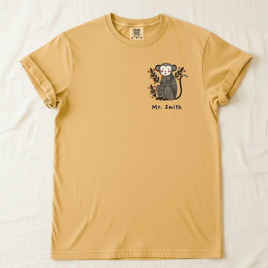 Custom Couple Matching Monkey T-Shirt in Mustard — folk art monkey custom couple tee