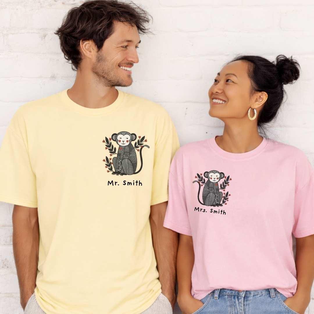 Custom Couple Matching Monkey T-Shirt in butter and Blossom — matching couple set with custom names