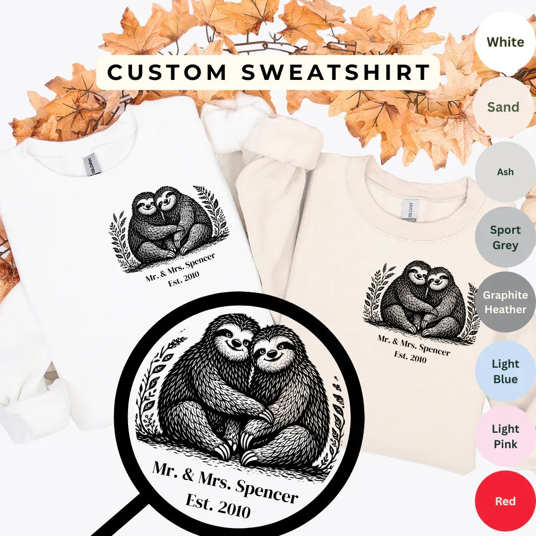 Custom Sloth Couple Sweatshirt — color options White, Sand, Ash, Sport Grey, Graphite Heather, Light Blue, Light Pink, Red — Gildan 18000