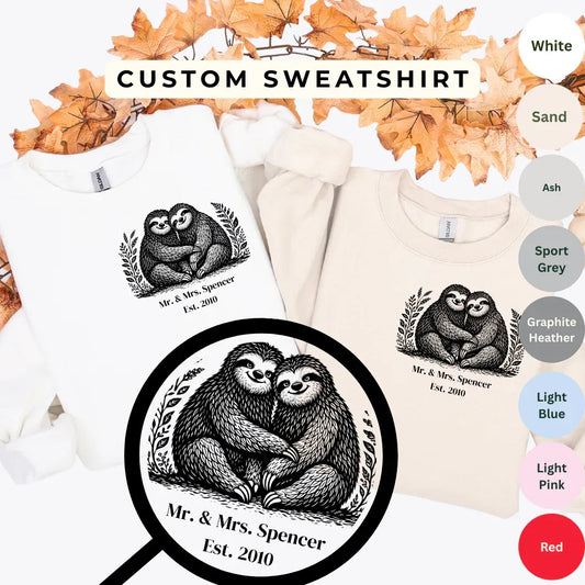 Custom Sloth Couple Sweatshirt — color options White, Sand, Ash, Sport Grey, Graphite Heather, Light Blue, Light Pink, Red — Gildan 18000
