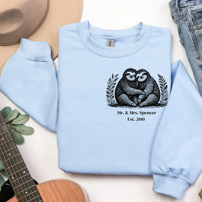 Custom Sloth Couple Sweatshirt in Light Blue — personalized matching couple sweatshirt