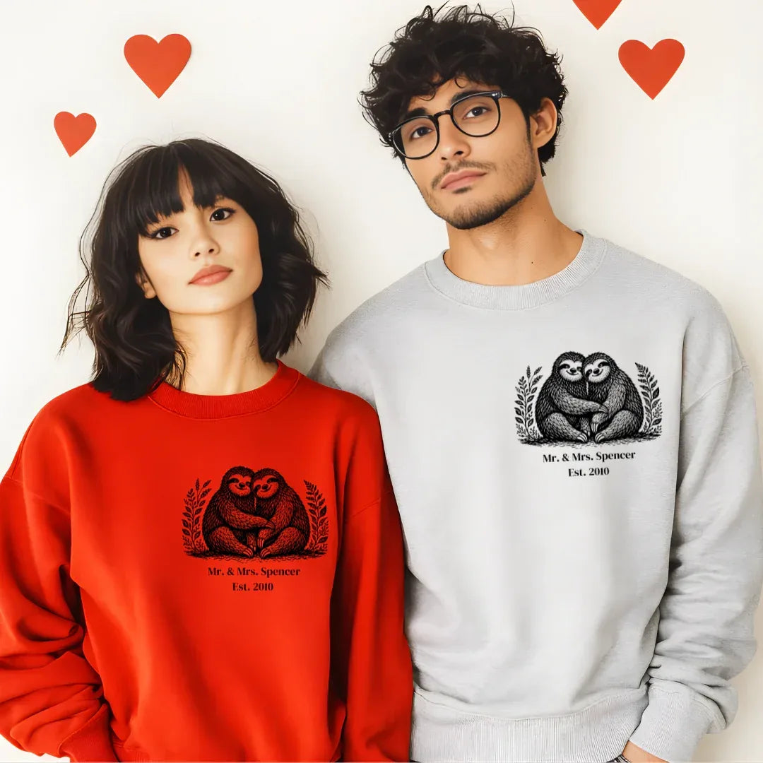 Custom Sloth Couple Sweatshirt in Red and Ash — folk art sloth couple matching set