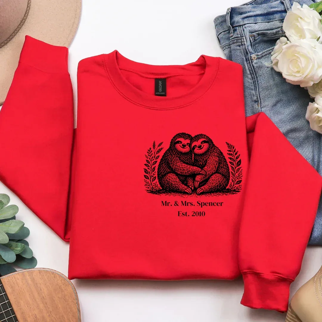 Custom Sloth Couple Sweatshirt in Red — matching couple sloth crewneck by The Folk Brush