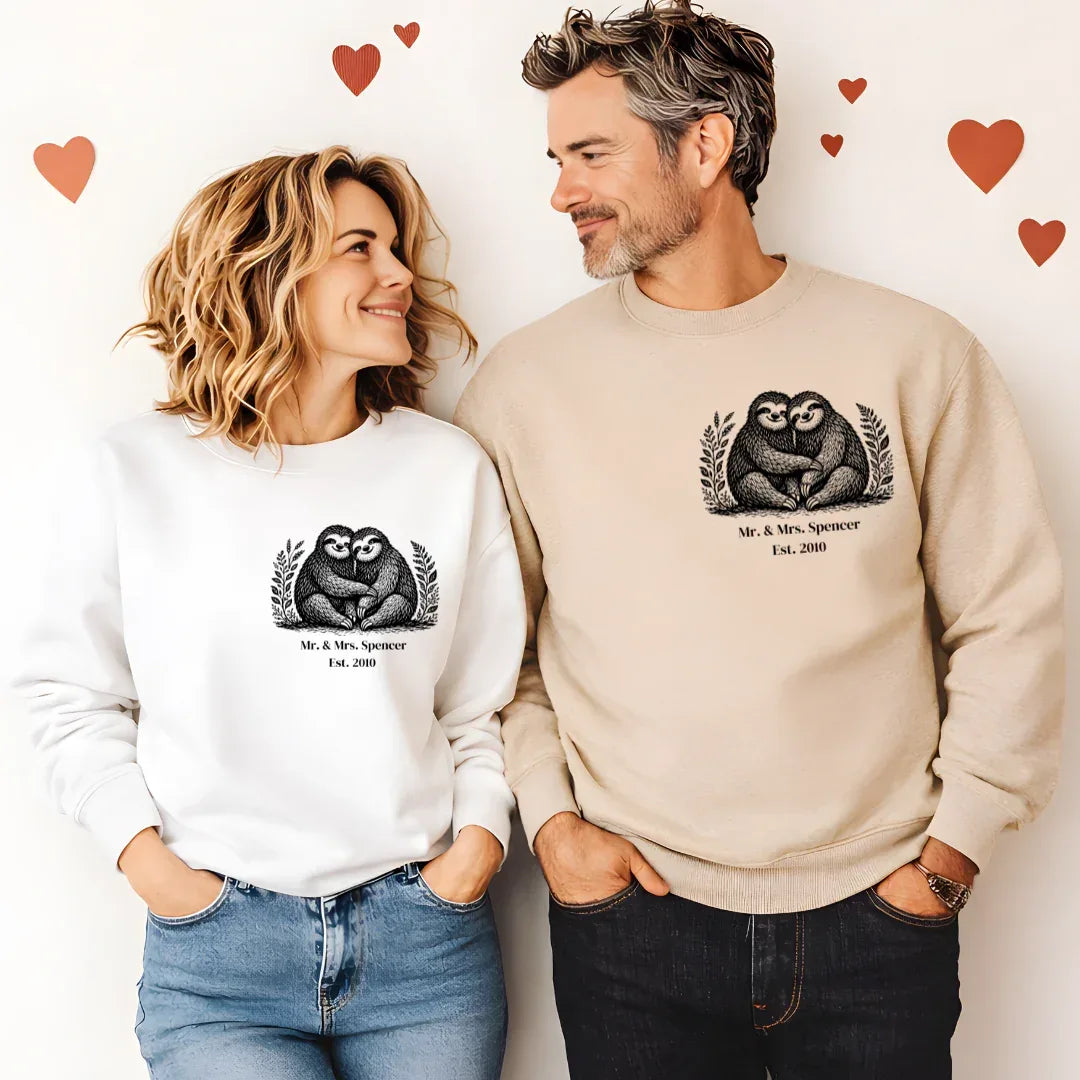 Custom Sloth Couple Sweatshirt in Sand and white — matching couple personalized sweatshirt