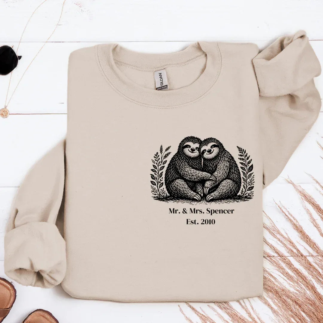 Custom Sloth Couple Sweatshirt in Sand — matching couple sweatshirt with sloth print