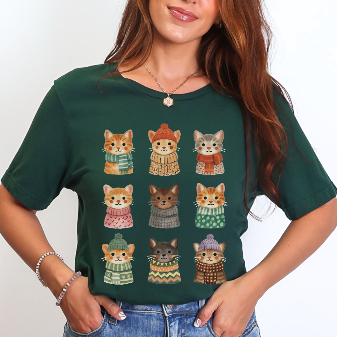 Cute cats in knit sweaters t-shirt forest green Bella+Canvas 3001