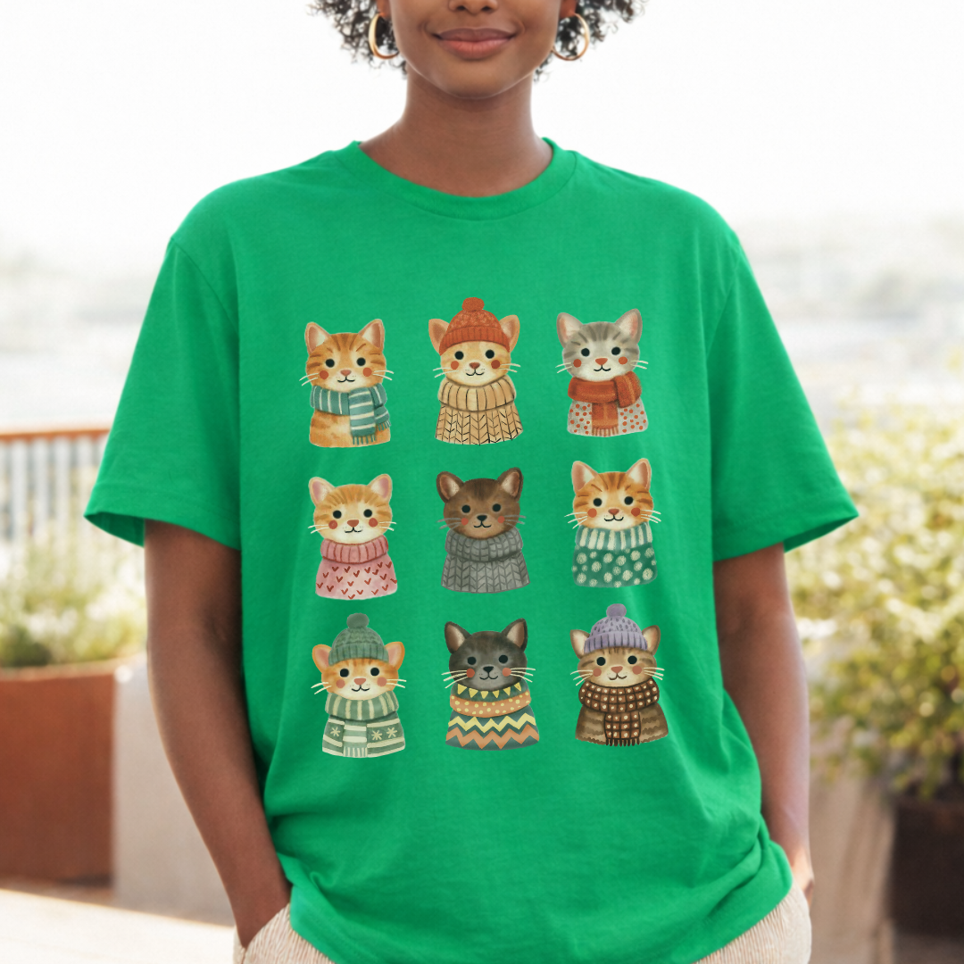 Cute cats in knit sweaters t-shirt heather kelly green Bella+Canvas 3001