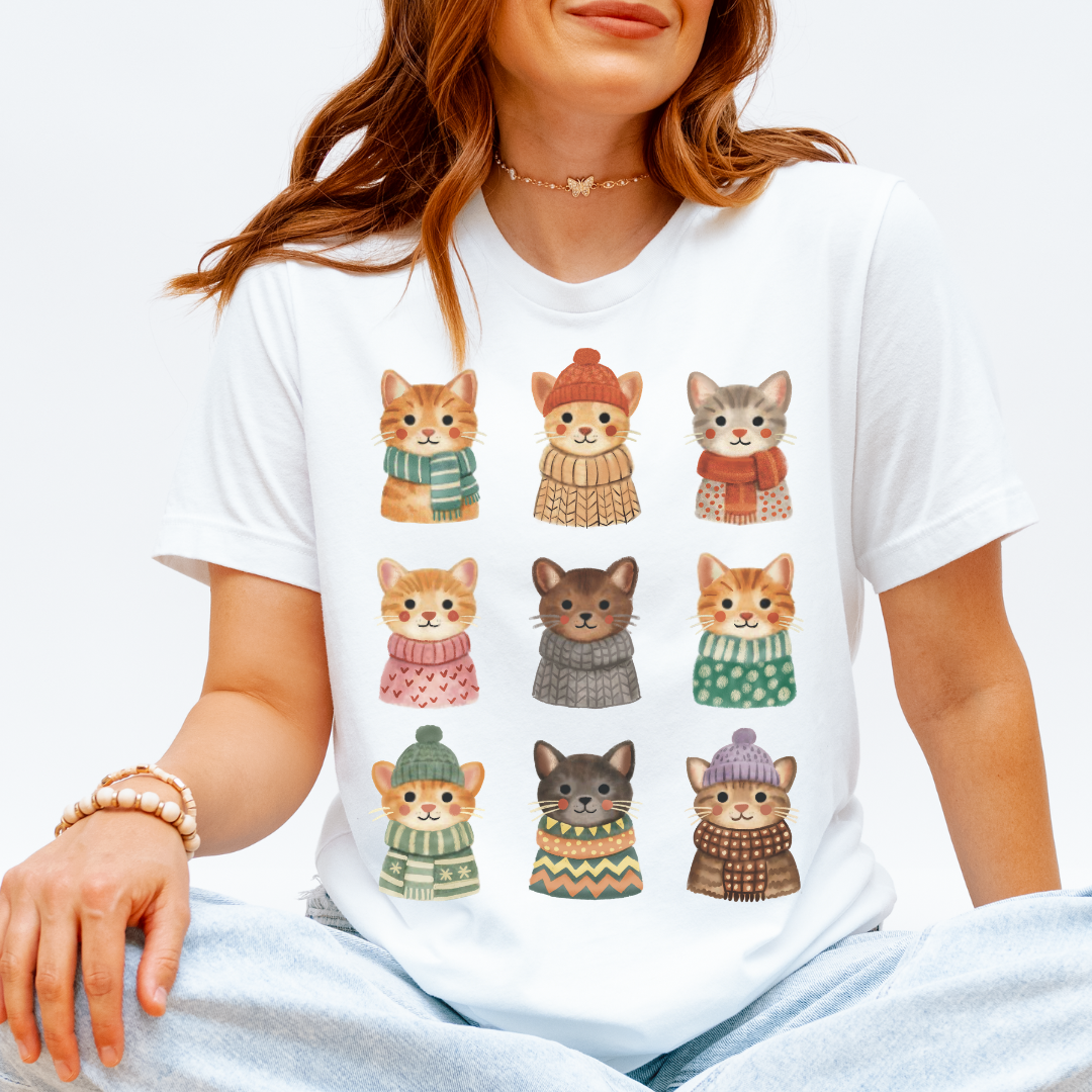 Cute cats in knit sweaters t-shirt white Bella+Canvas 3001