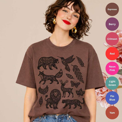 Espresso Comfort Colors 1717 t-shirt with woodland animals graphic featuring fox, bear, deer and hummingbird silhouettes